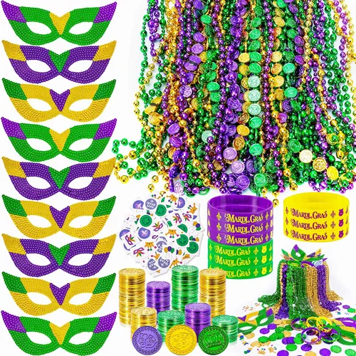 Vista 7 de MGparty 168 piezas de accesorios de Mardi Gras, máscaras, cuentas, collares, monedas, tatuajes, carnaval, desfile de máscaras, suministros