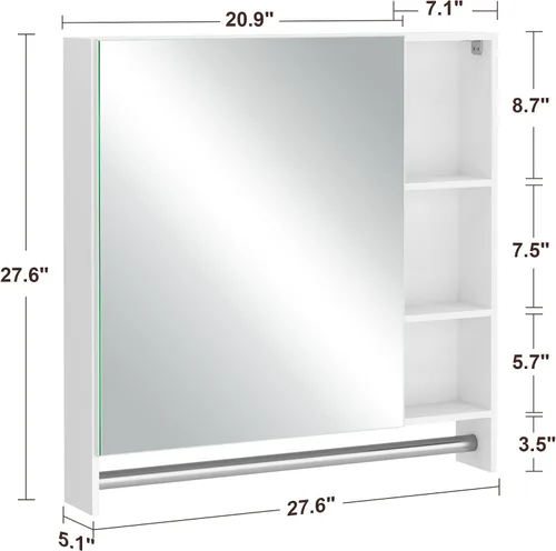 Vista 3 de SDHYL Botiquines para baño, 27.5 pulgadas cuadrado montado en la pared con 1 puerta de baño botiquín con espejo, estante de almacenamiento de espejo
