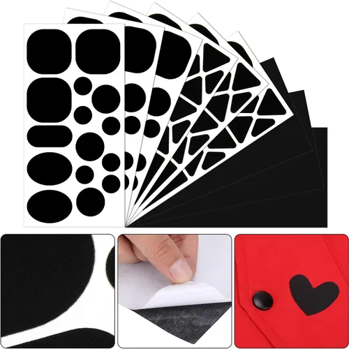 Vista 6 de 9 hojas de 96 piezas de parches de reparación de nailon, parches autoadhesivos, diferentes tamaños y formas, ropa impermeable, ligera, parche