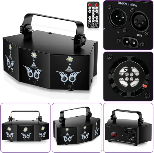 Vista 2 de U`King Luces de fiesta DJ Disco, 9 lentes, soporte de iluminación de escenario DMX512 y sonido activado con control remoto, luces láser