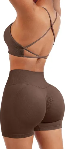 Vista 3 de SUUKSESS Conjuntos de entrenamiento cruzado en V para mujer, sujetador deportivo con tiras y pantalones cortos de cintura alta