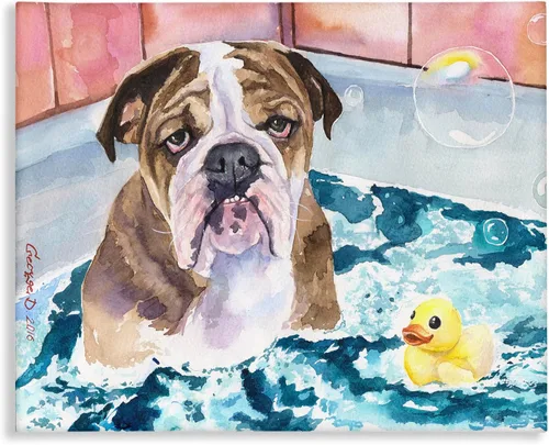 Vista 8 de Stupell Industries Placa de pared de goma con diseño de bulldog inglés en la bañera, diseño de George Dyachenko, 10 x 15 pulgadas, color azul
