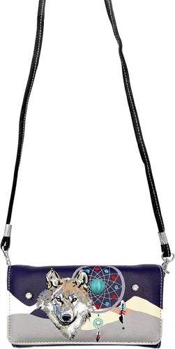 Vista 3 de Lobo bordado atrapasueños pluma tribal ocultar llevar bolso de mano