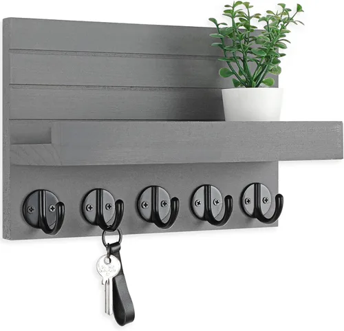 Vista 9 de Lwenki - Soporte de llaves para pared, llavero decorativo y soporte para correo con estante, tiene ganchos grandes para bolsos, abrigos, paraguas