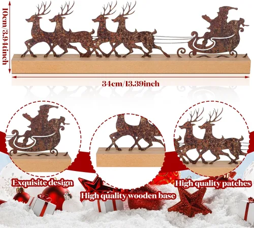 Vista 4 de Soaoo Decoraciones de mesa de Navidad, decoración de trineo de Papá Noel de metal con base de madera, decoraciones rústicas de fiesta de Navidad