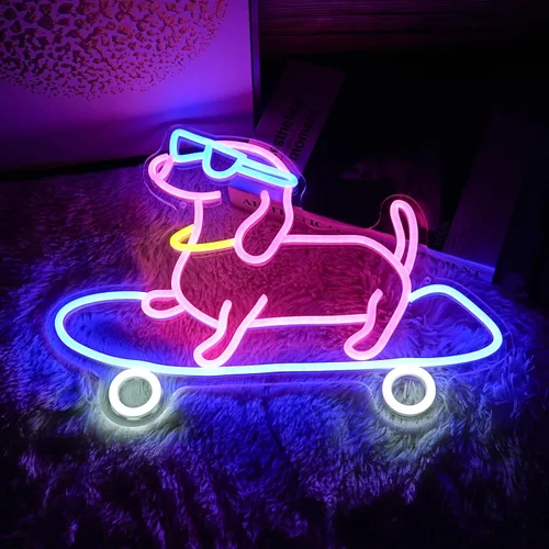 Vista 4 de Letrero de neón para perro monopatín regulable divertido Dachshund Skateboarding LED luz de neón decoración de pared para dormitorio, bar, sala