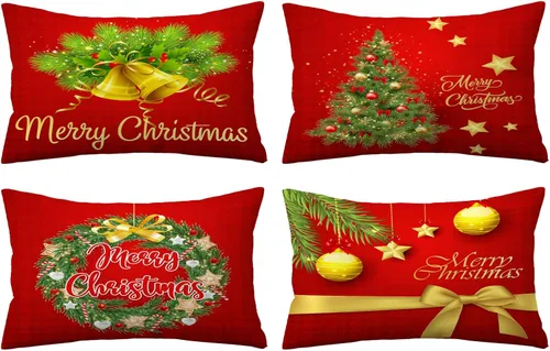 Vista 8 de Juego de 4 fundas de almohada de Navidad de 12 x 12 pulgadas, fundas de almohada de terciopelo de Navidad, fundas de almohada doradas y rojas