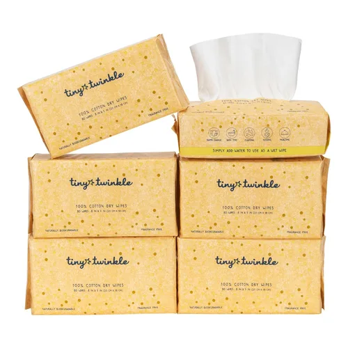 Vista 10 de Tiny Twinkle Toallitas secas 100% algodón para bebé, 576 unidades, uso húmedo o seco, sin olor (fragancia), hipoalergénicas y sin cloro, ultra