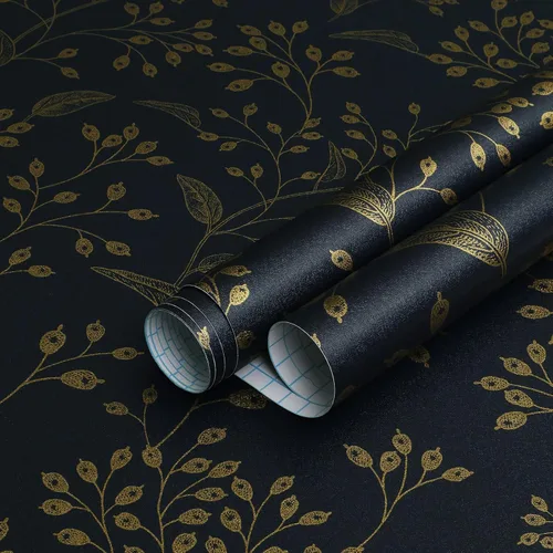 Vista 13 de Heroad Papel Tapiz Autoadhesivo Despegar y Pegar Negro Papel de Contacto Floral Dorado Papel Tapiz Moderno Boho Removible Papel de Contacto