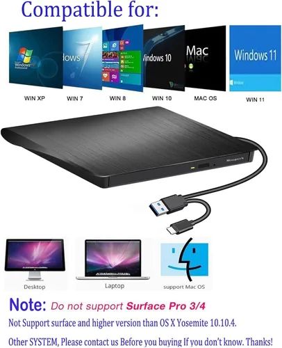 Vista 5 de Unidad externa de CD de DVD, USB 3.0 Tipo-C Ultra Slim Drives CD DVD RW Player/DVD CD ROM Drive/Writer/Rewriter/USB CD Burner Compatible con Mac