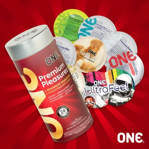 Vista 4 de ONE® Preservativos Premium Pleasures™ 6 estilos que mejoran el placer Paquete variado Preservativos de látex ultrafinos Extra lubricados