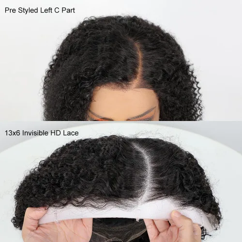 Vista 2 de Pelucas afro rizadas tipo Bob con parte C de 13 x 6 pulgadas, peluca de encaje frontal HD de 14 pulgadas, sin pegamento, parte lateral prearrancada