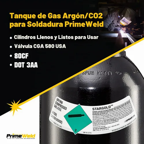 Vista 2 de PrimeWeld Botella de 75% argón 25% CO2 80CF DOT 3AA Válvula CGA 580 de EE. UU. La mejor mezcla de gas para soldadura MIG Cilindros completos