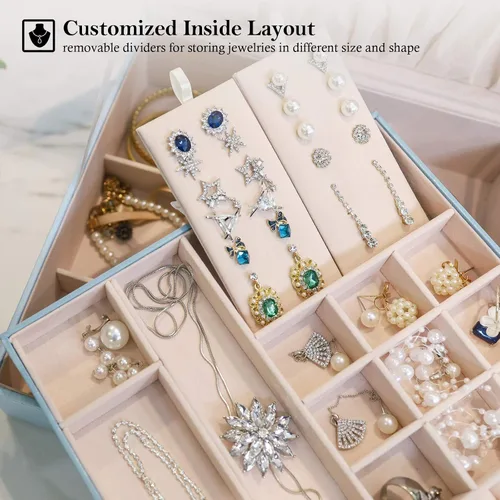 Vista 4 de ProCase - Joyero grande de cuero con dos niveles para organizar aretes pulseras anillos relojes para mujeres niñas regalo ideal para novia o esposa