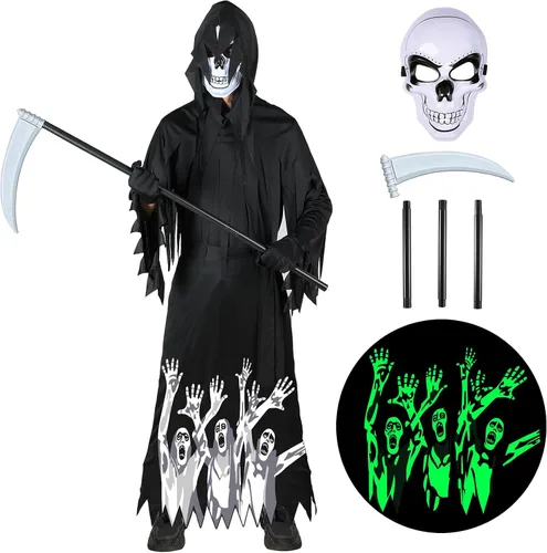 Vista 2 de Costumerry Disfraz de la parca para niños, disfraz de Halloween que brilla en la oscuridad para fiesta