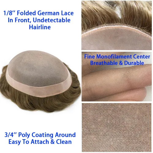 Vista 3 de Toupeee para hombres fino mono encaje hombres toupee piezas de pelo 100% europeo sistema de reemplazo de cabello humano para hombres, monofilamento