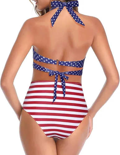 Vista 5 de Tempt Me - Traje de baño de dos piezas para mujer Bikini de cintura alta con cuello Halter vintage y retro, traje de baño con realce Bandera