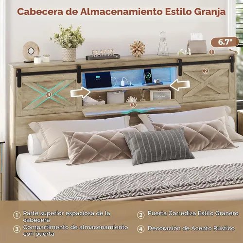 Vista 5 de Base de cama de tamaño King de estilo granja de Hasuit con estante de almacenamiento, cabecero, cama de madera King con luces LED, estación de Roble