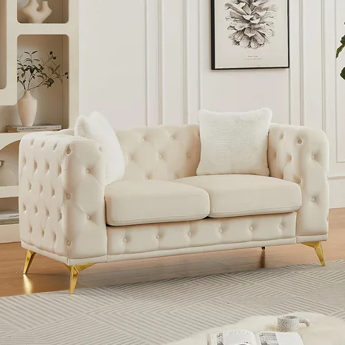 Vista 3 de KEIKI Sofá Chesterfield de terciopelo de lujo extragrande de 61 pulgadas con 2 almohadas, estilo mediados de siglo, sofá de 2 plazas con botones
