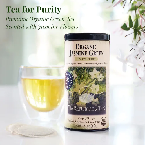Vista 2 de The Republic of Tea Té verde de jazmín orgánico, bajo en cafeína, 50 unidades Una taza suave para beber todos los días. Fresco con ligeras notas