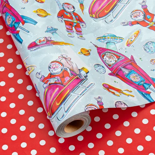 Vista 10 de Homeral Rollo de papel de regalo de Navidad, Papá Noel, muñeco de nieve y lazo y bastones de caramelo rosados, envoltura de regalo reversible