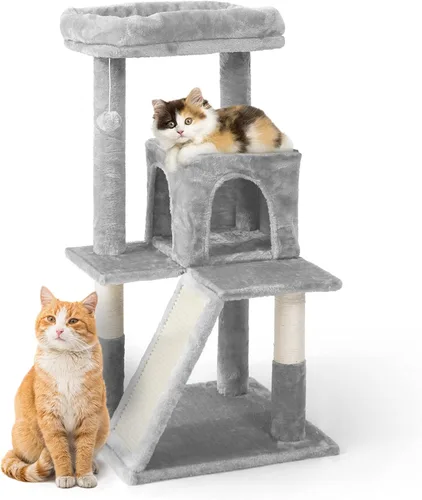 Vista 9 de BOWHAUS Árbol alto para gatos grandes o gatitos de interior, árbol de actividades para gatos de varios niveles con postes rascadores, hamaca