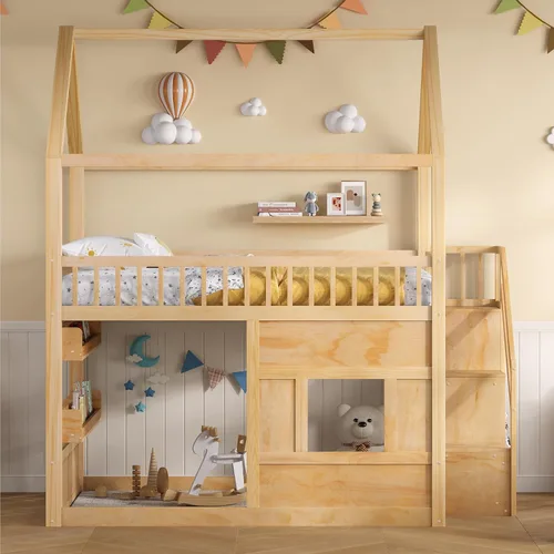 Vista 3 de Cama de casa de tamaño matrimonial con luz LED integrada y barandillas de seguridad, marco de cama de madera con escalera resistente para niños