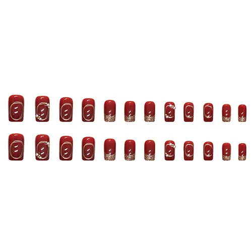 Vista 6 de Uñas postizas cuadradas de longitud media, uñas postizas acrílicas artificiales con diseños de diamantes de imitación de perlas rojas, juego de 24