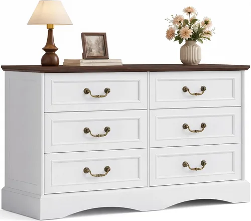 Vista 8 de YESHOMY Cómoda de granja con 6 cajones para dormitorio, cómoda de 47 Blanco y marrón