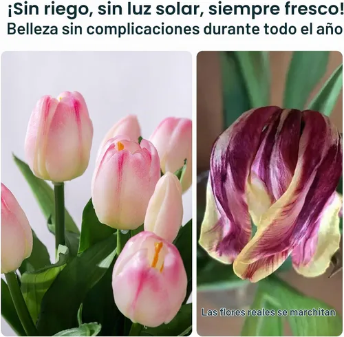 Vista 5 de Bailikang 20 piezas de tulipanes artificiales, flores de seda de tulipanes falsos, ramo artificial de PU, flores artificiales de imitación con caja