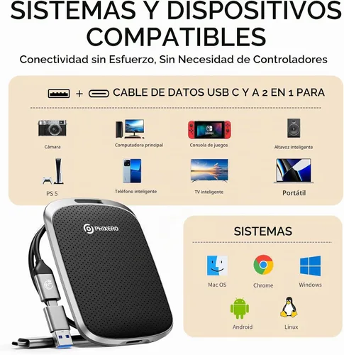 Vista 7 de PHIXERO SSD externo portátil de 256 GB hasta 550 MB/s, USB 3.2 Gen 2 USB C a C y A para smartphone/tablet/PC/portátil/cámara (negro)