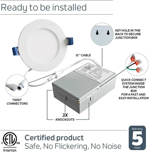 Vista 4 de Nadair Paquete de 12 luces LED empotrables ultra delgadas de 4 pulgadas, 9 W, 750 lúmenes, 3000 K (blanco cálido), ribete blanco y negro incluido