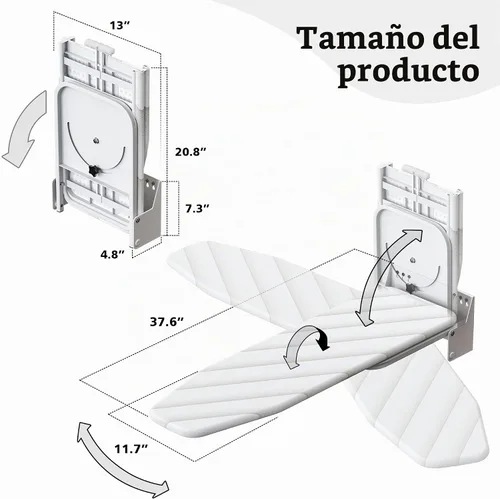 Vista 2 de MYOYAY Tabla de planchar montada en la pared de 12 x 37 pulgadas, ahorro de espacio, tabla de planchar plegable de 180° con cubierta resistente al