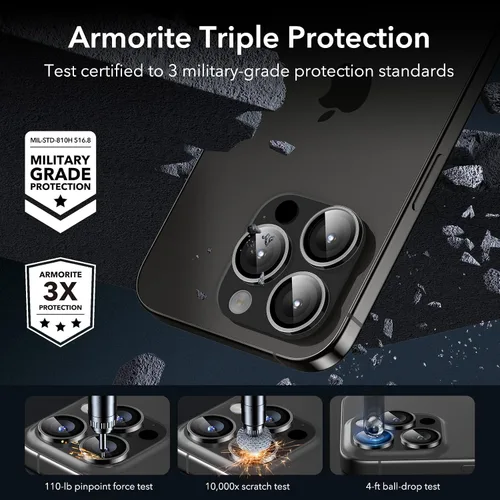 Vista 3 de ESR Protector de lente de cámara para iPhone 15 Pro Max/15 Pro, paquete de Negro