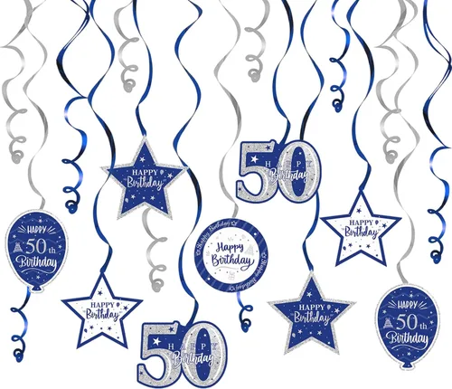 Vista 44 de Decoración de fiesta de serpentinas con purpurina azul y plateada de feliz 11º cumpleaños, 15 piezas de remolinos colgantes de 11 cumpleaños, cartel