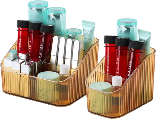 Vista 12 de Organizador de brochas de maquillaje ámbar para tocador, organizador de encimera de baño, 5 tazas, almacenamiento y exhibición de artículos