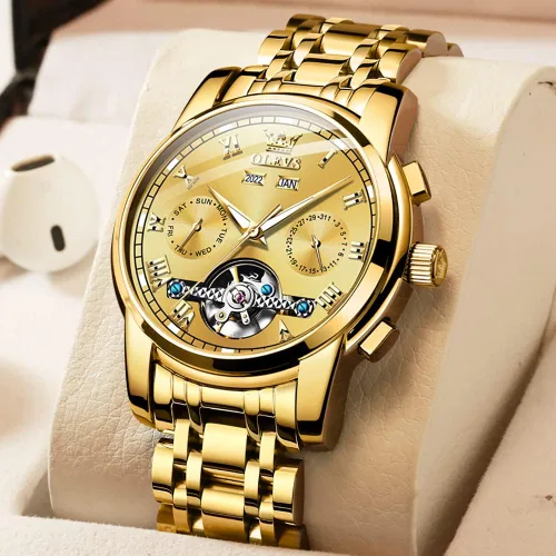 Vista 2 de OLEVS Relojes automáticos de cuerda automática para hombre, fecha y día, calendario, relojes de acero inoxidable, movimiento de esqueleto