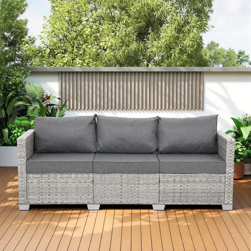 Vista 8 de WAROOM Sofá al aire libre de mimbre de 3 plazas, sofá de patio de ratán gris, muebles de balcón, asiento profundo, asiento de porche, cojín azul
