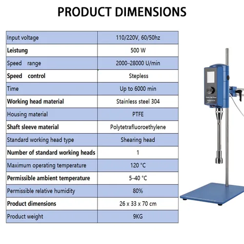 Vista 2 de Lab Digital Overhead Stirrer 500W High Shear Mixer with HD LCD Timer Display, Stepless Speed Regulation 2000-28000 RPM, Power Boost Technology