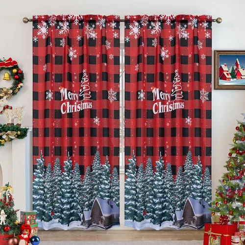 Vista 11 de Cortinas navideñas para sala de estar, cortina de ciervo de Navidad a rayas tartán, bolsillo para barra, cortinas decorativas para dormitorio