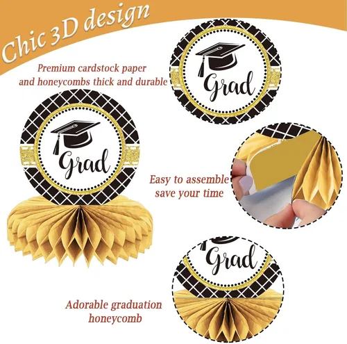 Vista 3 de 10 piezas de decoraciones de fiesta de graduación 2026 Felicidades graduados de panal de abeja centros de mesa de felicitaciones para fiesta