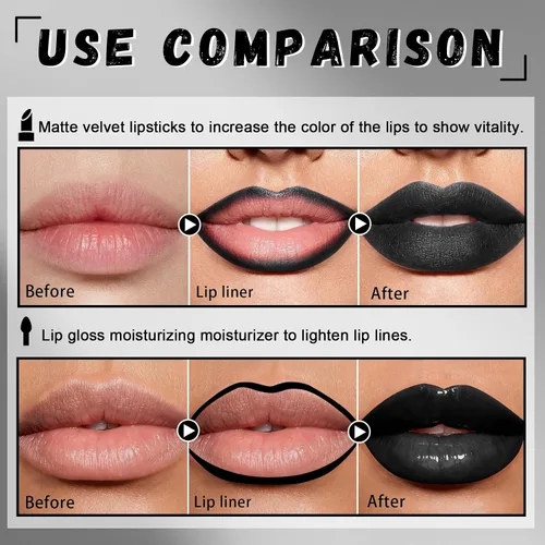 Vista 3 de CAHIUYOA Juego de delineadores de labios negros mate, lápiz labial líquido de doble cabeza, brillo de labios de larga duración, a prueba de manchas