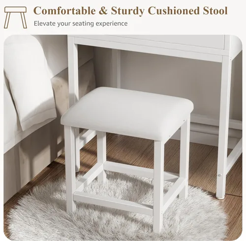 Vista 12 de BOLUO - Escritorio de maquillaje blanco con espejo de Hollywood y luces, juego de tocador para niñas con taburete, mesa de maquillaje compacta
