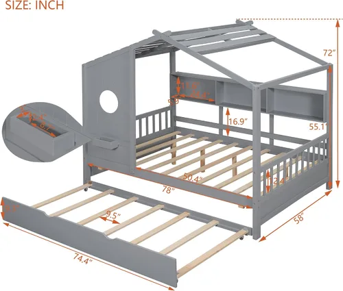 Vista 2 de SOFTSEA Cama de plataforma de tamaño matrimonial con nido y estantes de almacenamiento, marco de cama de madera con listones de soporte, cama