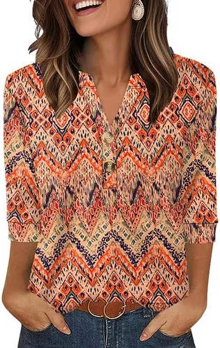 Vista 10 de OFEEFAN - Camisetas de manga 3/4 estilo Henley para mujer, blusas de moda de otoño 2025, atuendos escolares para maestras Raya