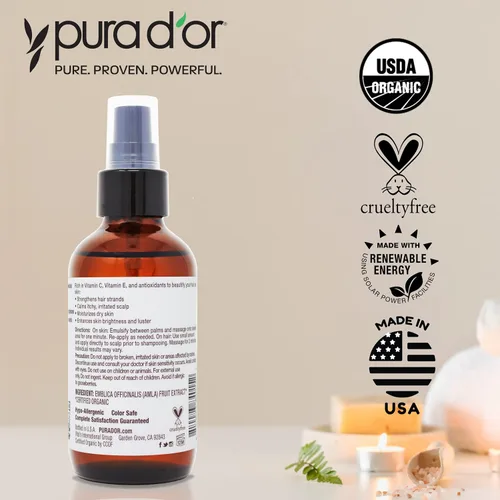 Vista 5 de PURA D'OR Aceite Amla orgánico de 4 onzas, 100% puro certificado por USDA de grado premium, prensado en frío, sin refinar, virgen extra, suero