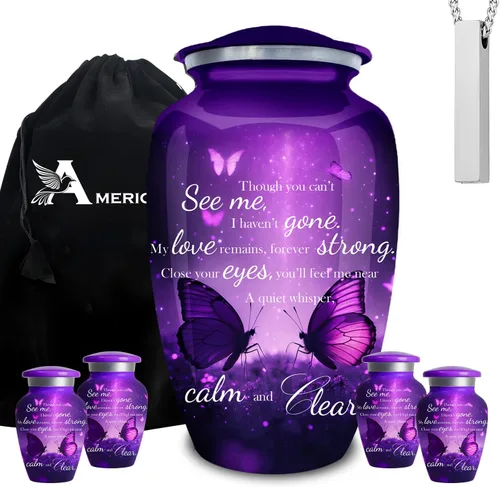 Vista 13 de Juego de 6 urnas de cremación decorativas personalizadas con diseño de mariposa azul para cenizas humanas, incluye 1 urna grande para cenizas