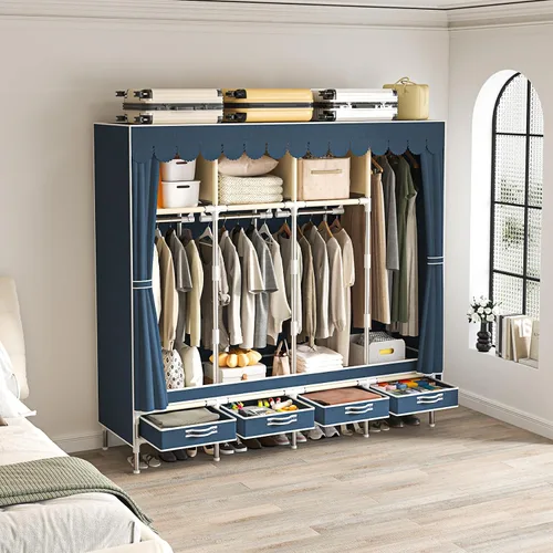 Vista 6 de Armario portátil con 4 cajones y 3 estantes, gran capacidad de 67 pulgadas, organizador colgante independiente con tapa para dormitorio, azul