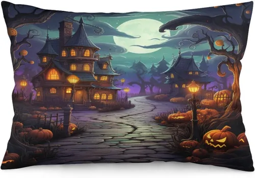 Vista 16 de Fundas de almohada frescas de casa embrujada, castillo, luna, bosque medieval, calabaza, fundas de almohada rectangulares con cremallera invisible