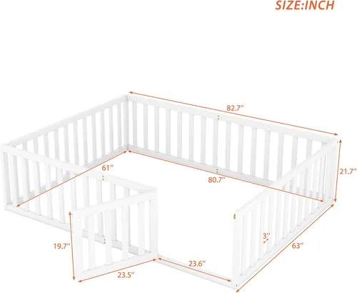 Vista 2 de Harper & Bright Designs Cama de suelo Queen con rieles, marco de cama de piso de madera con valla y puerta, para niños y niñas (blanco)